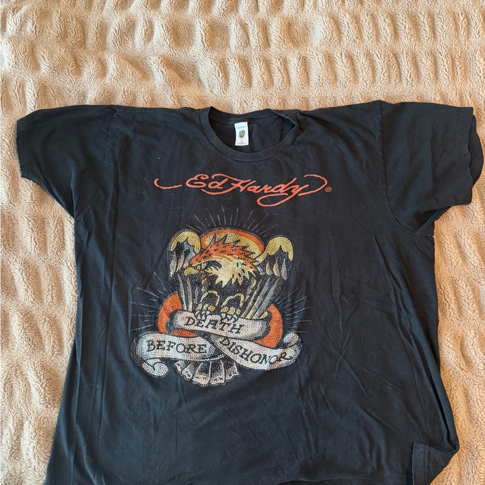 Vintage 90s Ed Hardy Black Tee with Bedazzled Tattoo inspired graphic